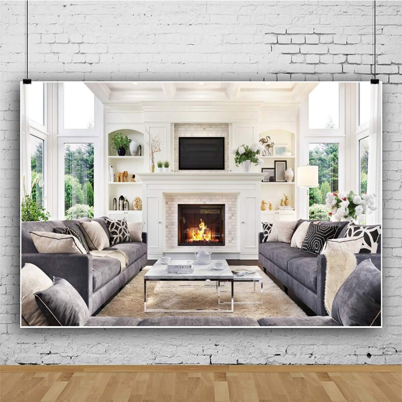 DASHAN 8x6.5ft Living Room Backdrop Xmas Fireplace Meeting Home Office Backdrop for Video Recording Modern House Interior Window Photography Background House Photo Props - Image 3
